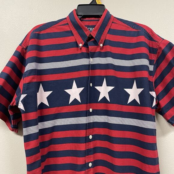 VTG Chaps Ralph Lauren Button Down Shirt Blue Red White Striped Stars Men Medium - Picture 3 of 7